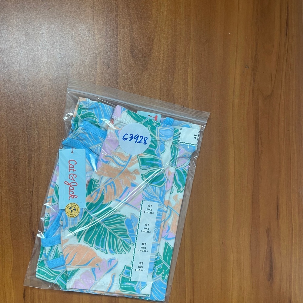 Cat & Jack Girls 4T Tropical Palm Leaf Summer Tank Top & Bike Shorts Set Blue - Picture 9 of 9